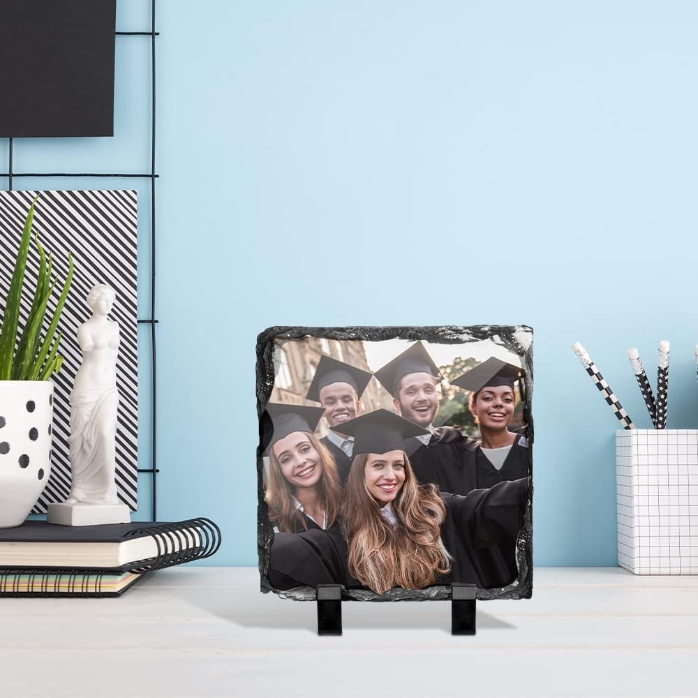 PYD Life 12 Pack Sublimation Photo Slates Rock Blanks 5.5 x 5.5 Inch Bulk Square Stone Frame White with Display Holder for Heat Transfer Printing