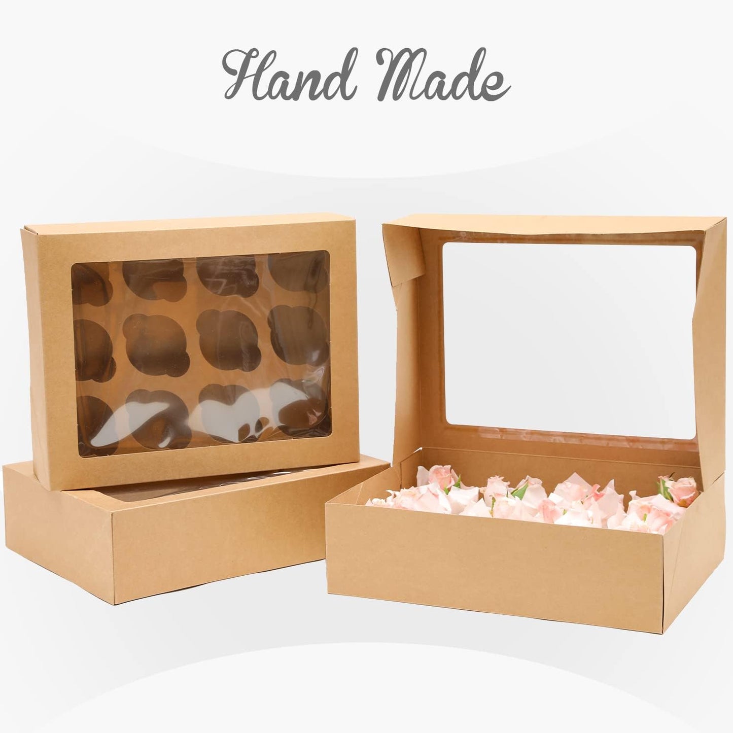 12 Cupcake Containers 12-Packs Brown Cupcake Box Cupcakes Carrier, 12 Cupcake Boxes with Window 13"x10"x3.5"（Auto-pop up）