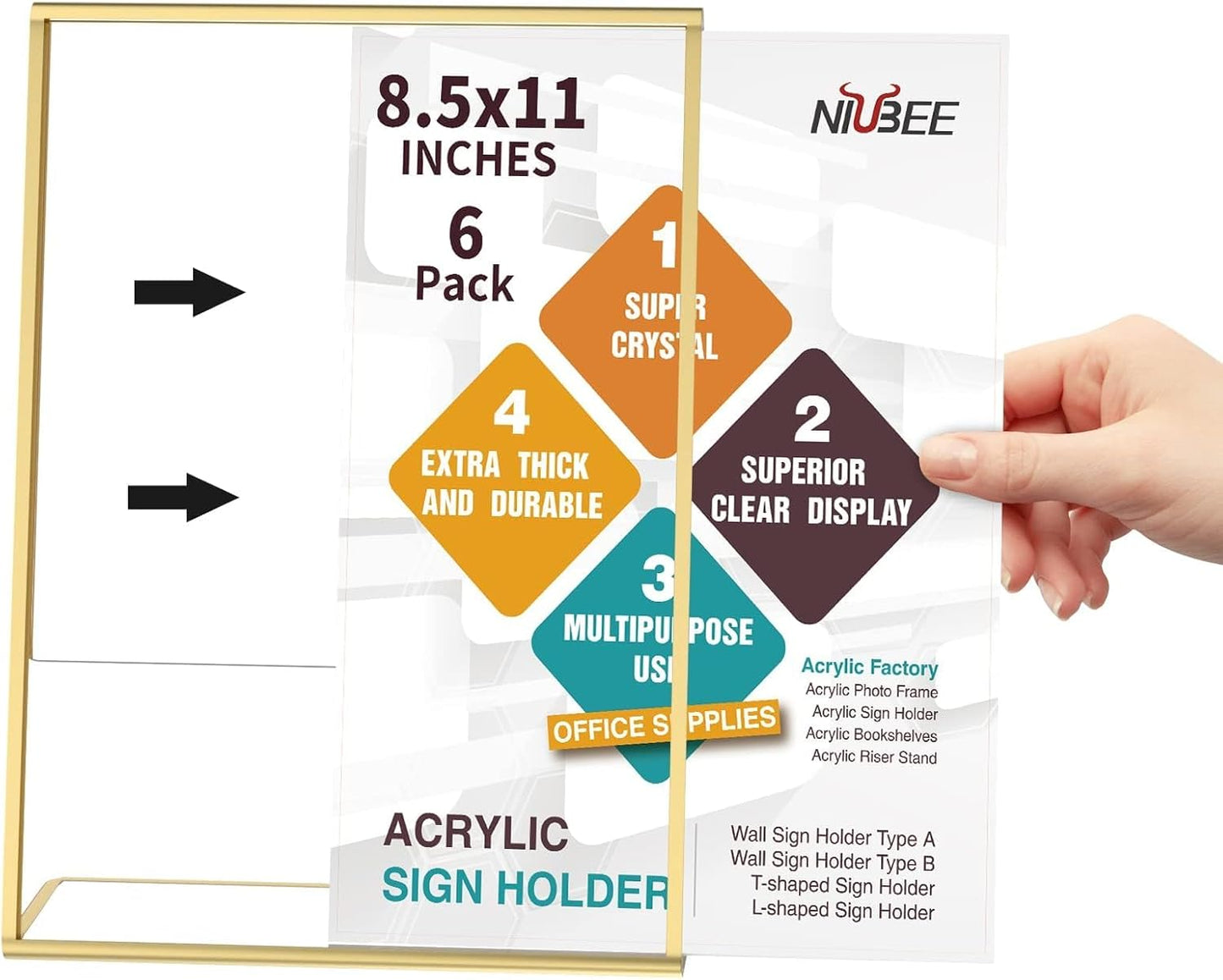 NIUBEE 8.5 x 11 Gold Frames, 6 Pack Acrylic Slanted Back Gold Picture Frames for Signs, Menu, Flyer and Art Display, Perfect for Wedding, Party, Event, Shop