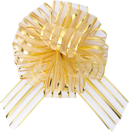 6 Pcs 6 Inch Large Organza Pull Bow Ribbon – Elegant Gift Bows for Wedding Decorations, Christmas Wrapping, Birthday Parties, Car Decor, Gift Baskets, and Valentine's Day Packaging(Golden)