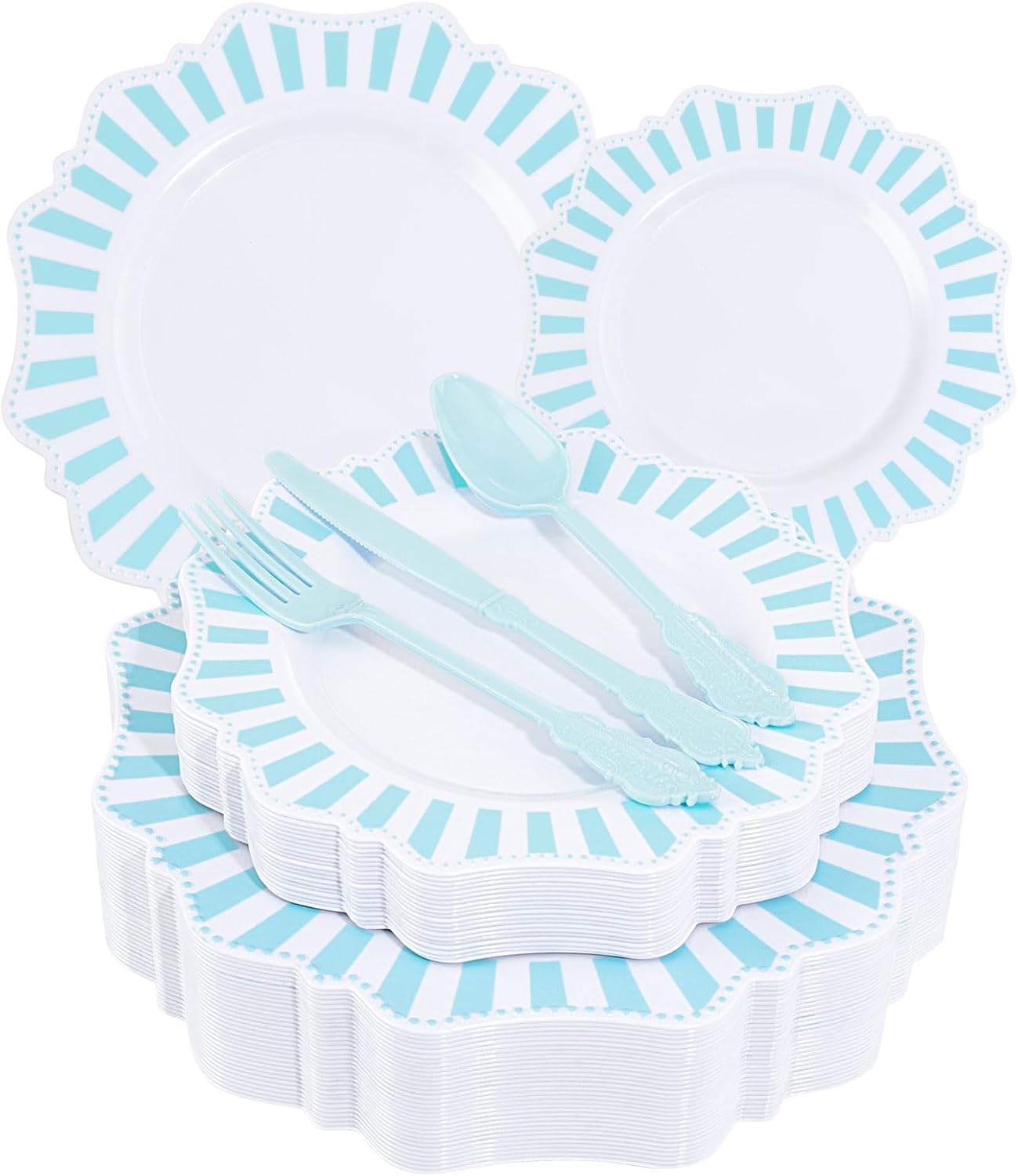 COLOSUS 150pcs Disposable Blue and White Striped Easter Plastic Party Plates and Silverware set, Light Blue Dinner/Dessert Plates silverware serve 30guests for Birthday Wedding Party and Daily use.