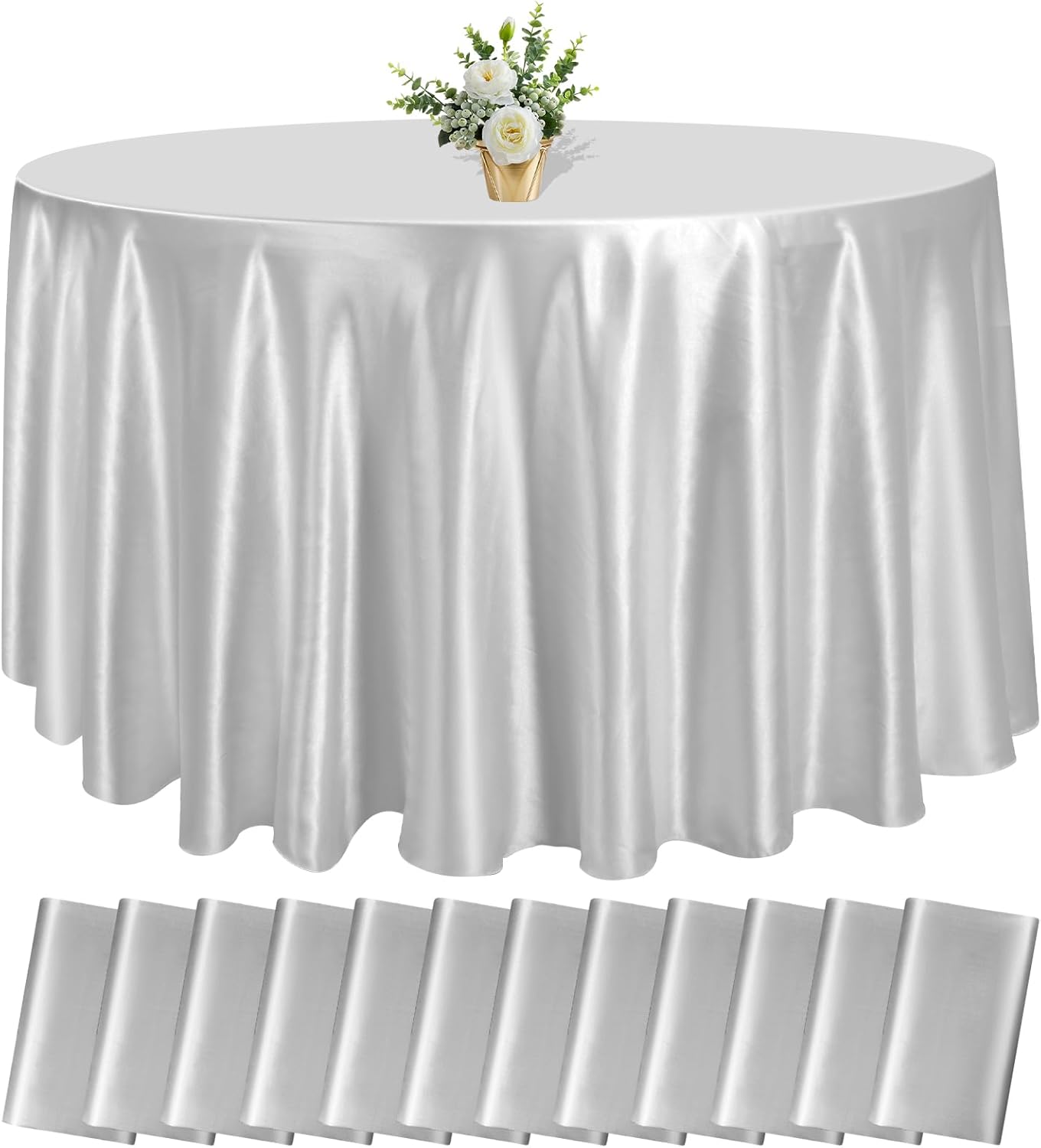 12 Pack 108 Inch Silver Satin Tablecloth - Premium Bright Silky Round Tablecloth Overlay Smooth Fabric Table Cover, Table Decoration for Wedding Party Banquet Events Restaurant Kitchen Dining