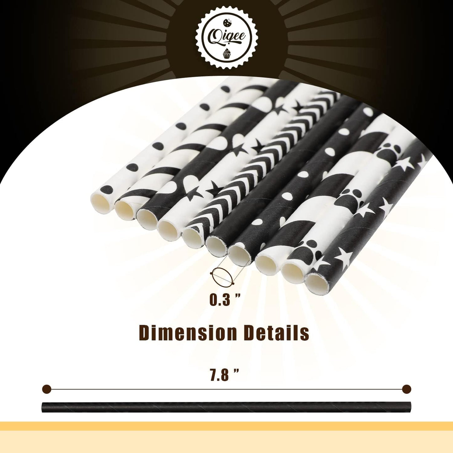 qiqee Black Paper Straws 150pcs Disposable Straws Bulk (10 Black Patterns, Biodegradable, Disposable, 7.75 x 0.25 inches)