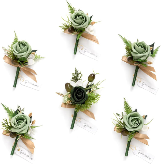 Ling's Moment Boutonniere for Men, 6pcs Groom Groomsmen Boutonniere, Artificial Flowers for Wedding Decor/Prom/Homecoming, etc.Green Beige