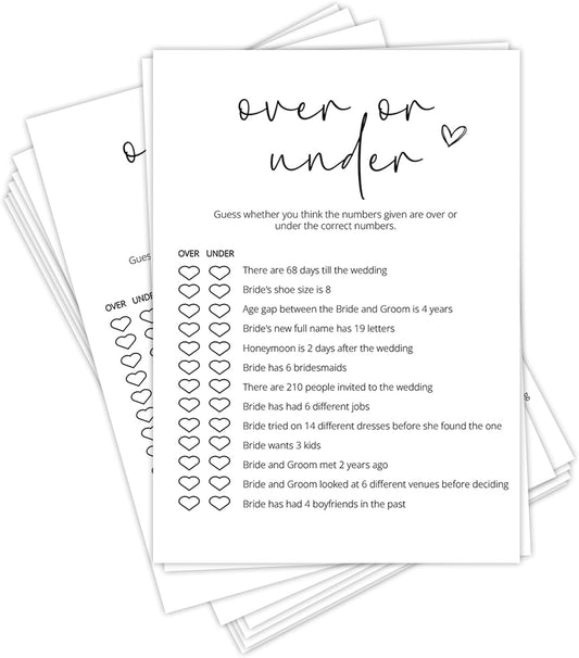Bridal Shower Games, Over or Under, 25Pcs Minimalist White Double-Sided Bridal Game Cards, Wedding Shower Games for Guests, Engagement Bachelorette Party Supplies - A10