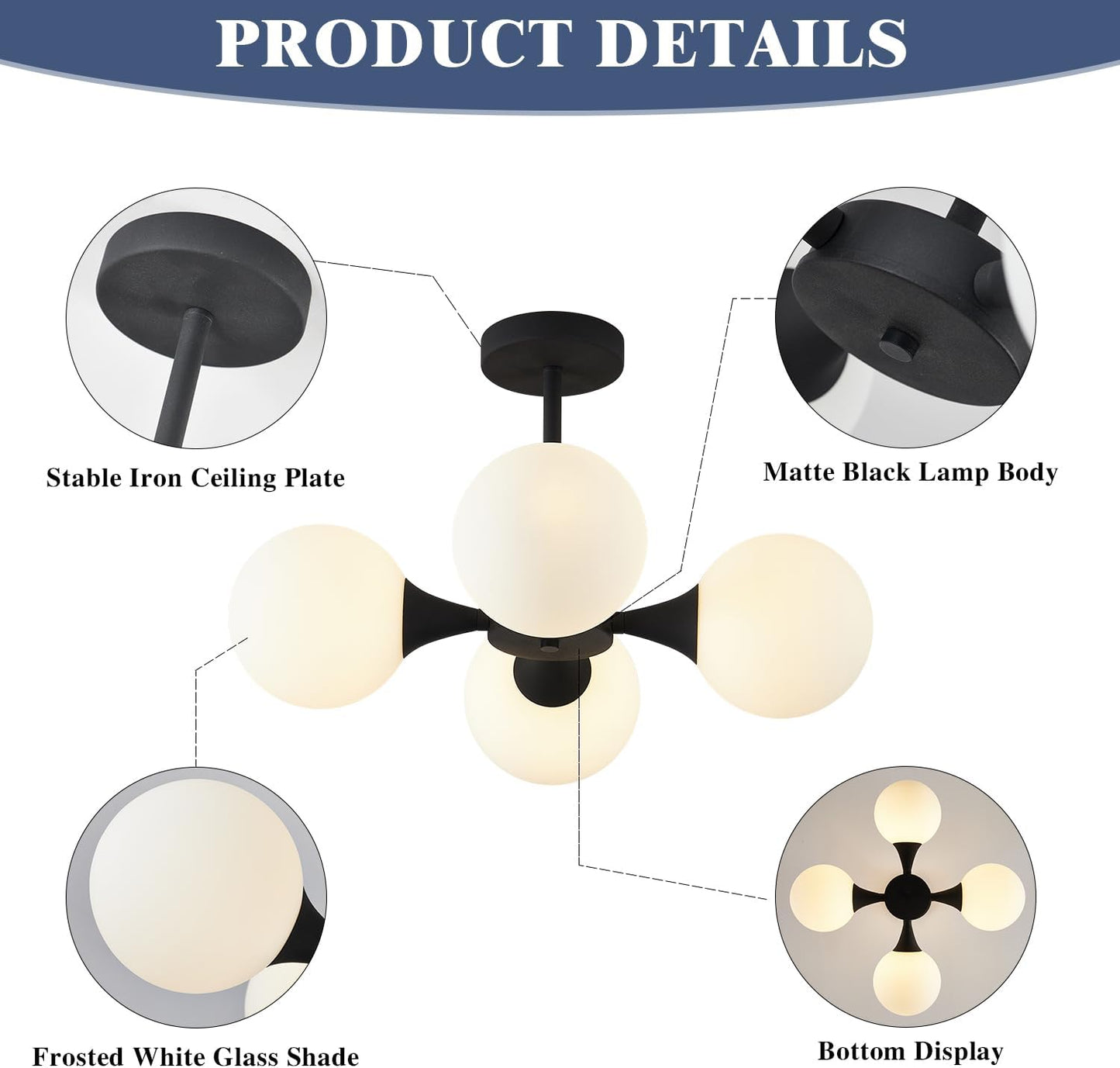 KCO Lighting Mid Century Modern Semi Flush Mount Ceiling Light Fixture Farmhouse Black Globe Sputnik Chandelier Ceiling Light 4-Light Milk Glass Hallway Ceiling Light