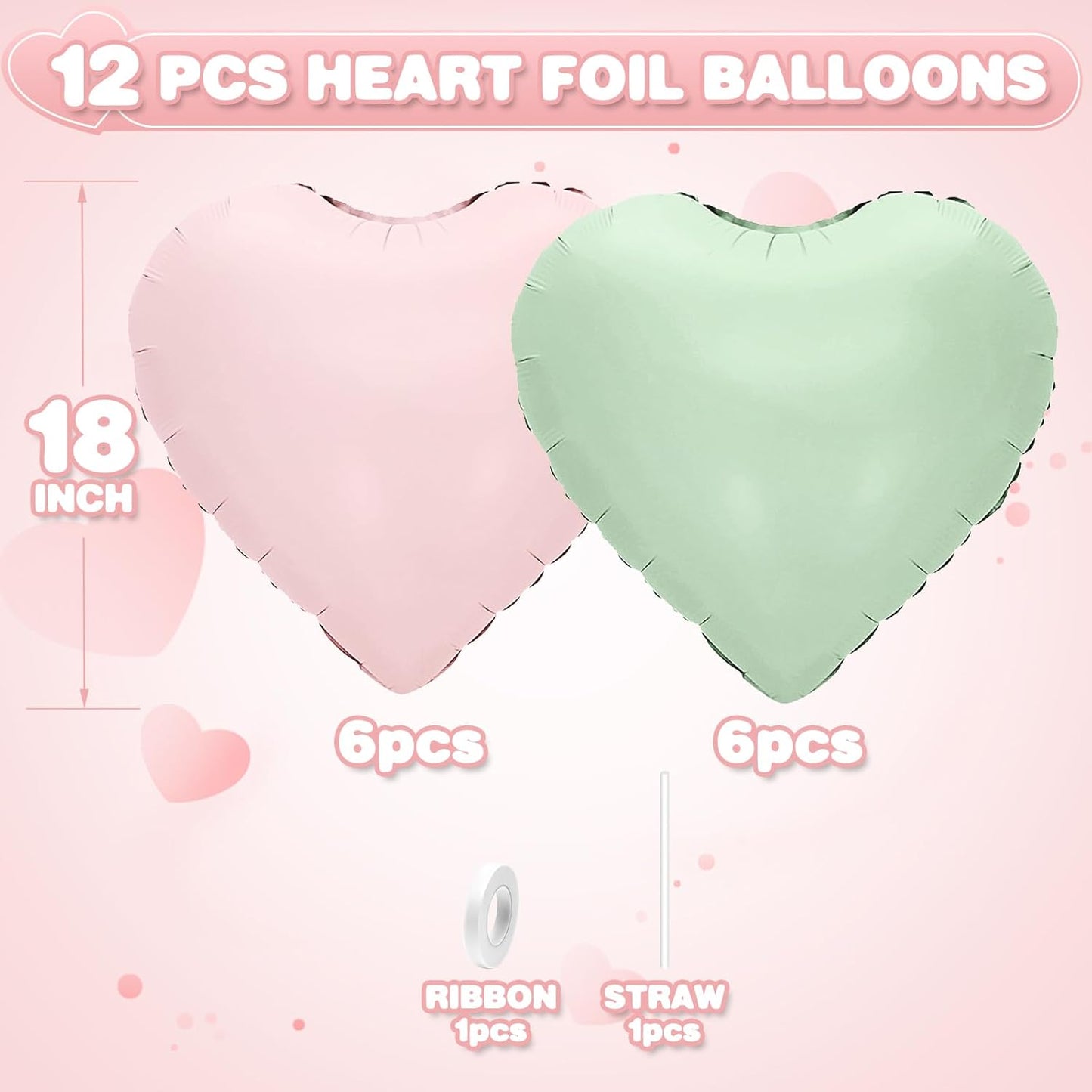 Pink Green Heart Balloons,12Pcs 18Inch Baby Pink Sage Green Heart Shaped Foil Helium Balloons for Baby Shower Birthday Anniversary Wedding Engagement Party Decorations