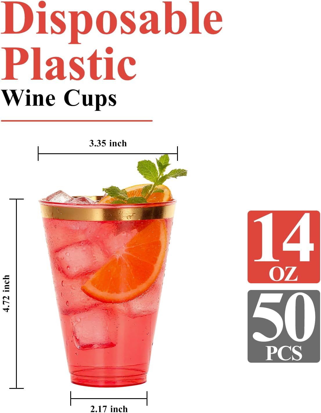 Goodluck 50PCS 14oz Red and Gold Plastic Cups for Party, Disposable Gold Rim Cups, Plastic Cocktail Glasses for Wedding Thanksgiving, Christmas, and Parties