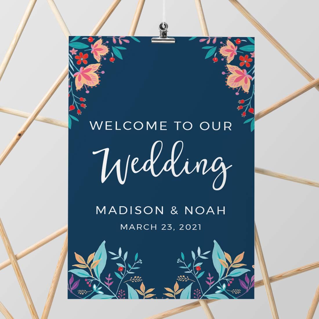 Andaz Press Personalized Extra Large Wedding Easel Board Party Sign, 12x18-inch, Vintage Bohemian Flowers on Navy Blue, Welcome to Our Wedding Bride Groom Name Date, 1-Pack, Custom