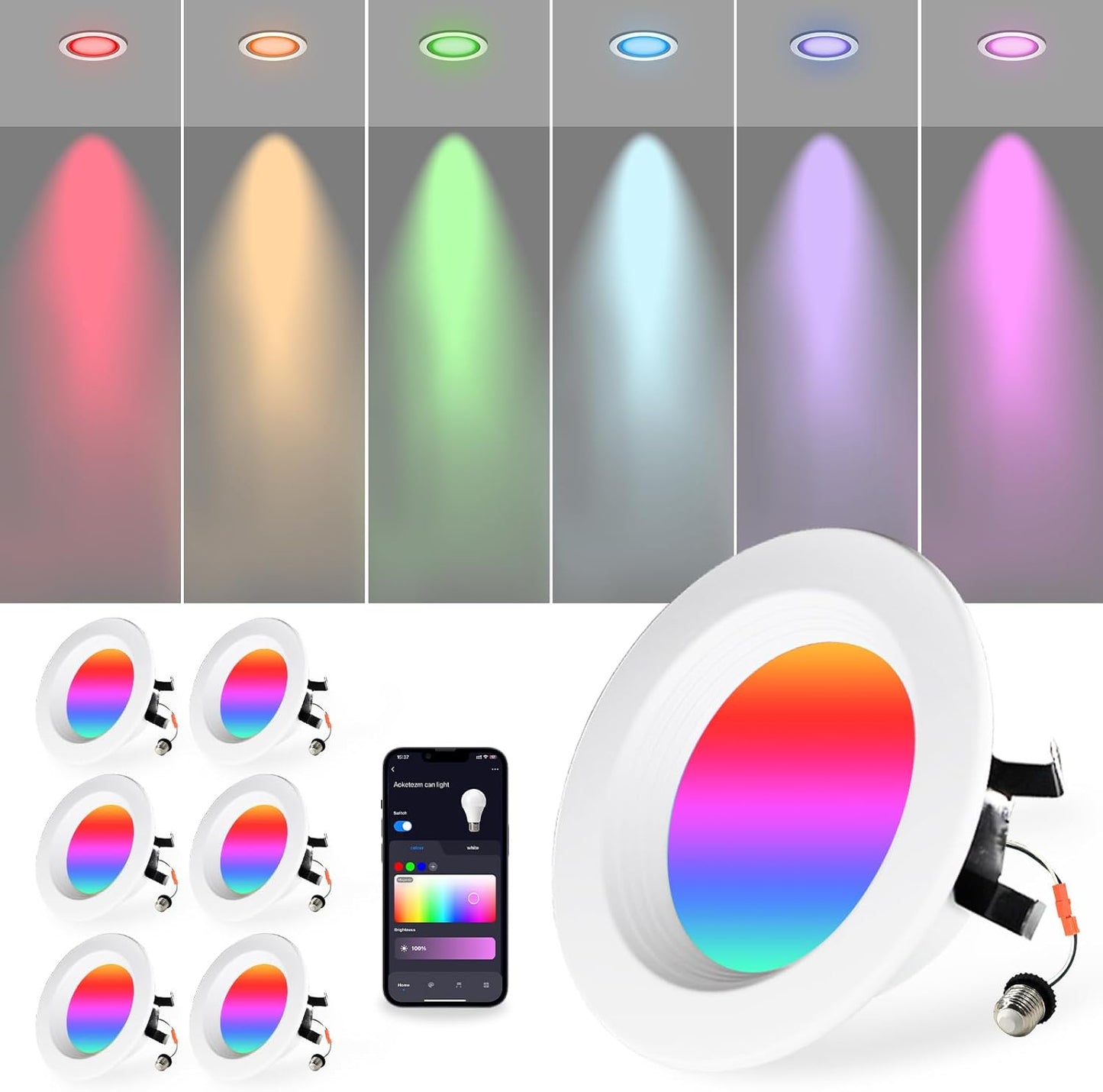 4 inch Smart LED Can Lights Retrofit Recessed Lighting, RGB Color Changing WIFI&Bluetooth Downlight,9W 750LM Bluetooth Baffle Trim Downlight,Compatible with Alexa, Google Home and Siri,6 Pack