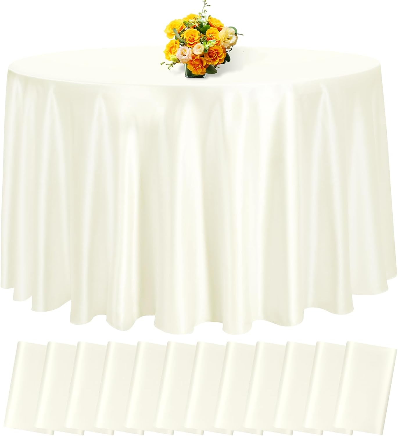 fani 12 Pack 120 Inch Ivory Satin Tablecloth - Premium Bright Silky Round Tablecloth Overlay Smooth Fabric Table Cover, Table Decoration for Wedding Party Banquet Events Restaurant Kitchen Dining