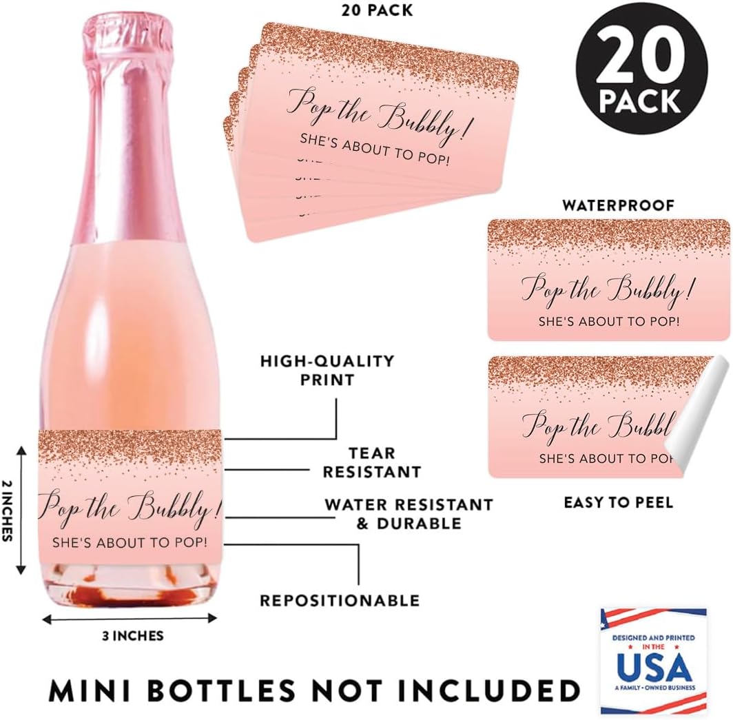 Andaz Press Mini Champagne Wine Bottle Baby Shower Labels, Pop The Bubbly! She's About to Pop!, Blush Pink Faux Rose Gold Glitter, 20-Pack Mini Champagne Bottles Baby Shower Champagne Bottle Stickers