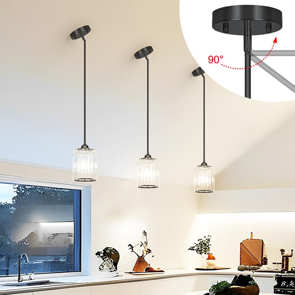 Black Kitchen Pendant Lights Over Island with Adjustable Rods - Crystal Pendant Lighting Fixtures for Sloped Ceiling, Ideal Over Dining Table or Bar, E26 Bulb Compatible, No Electrician Needed