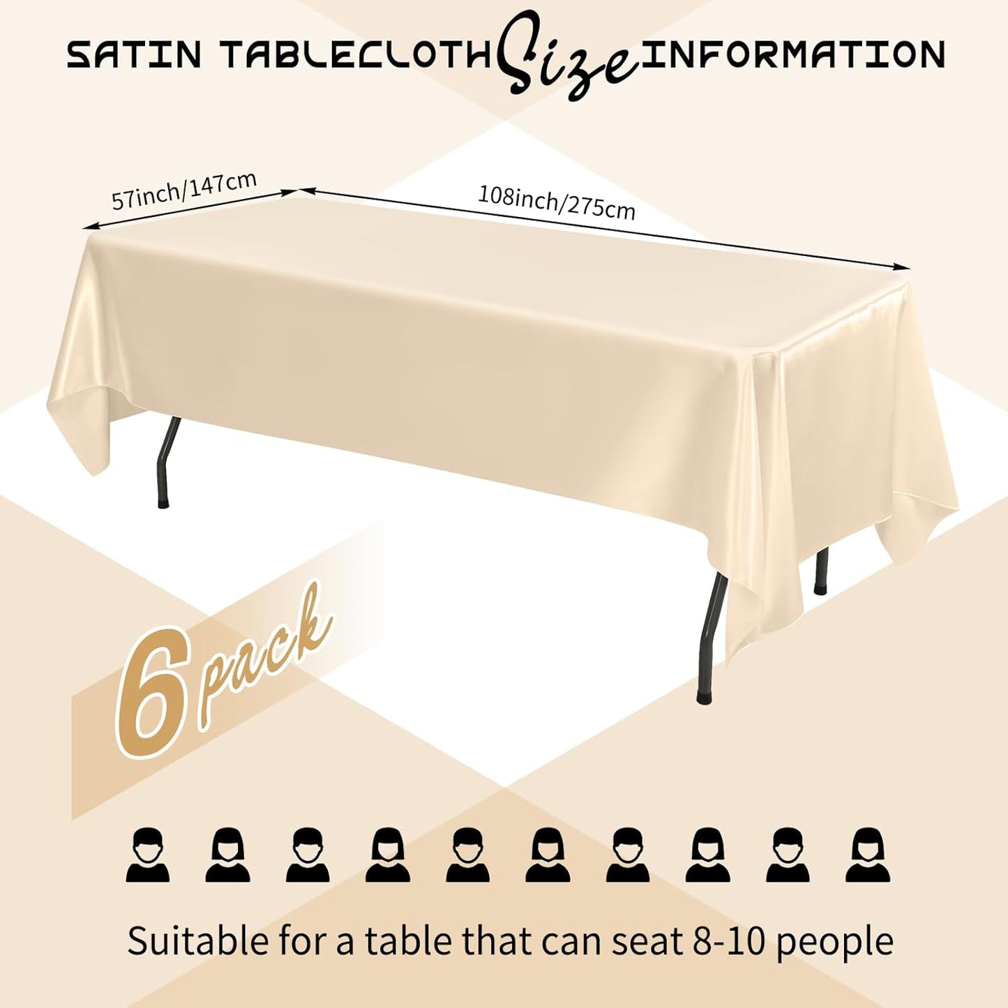 6 Packs Satin Tablecloth 57 x 108 Inch Champagne Rectangular Table Cloth Silk Tablecloth Smooth Fabric Overlay Satin Table Cover Decoration for Wedding Party Banquet Events