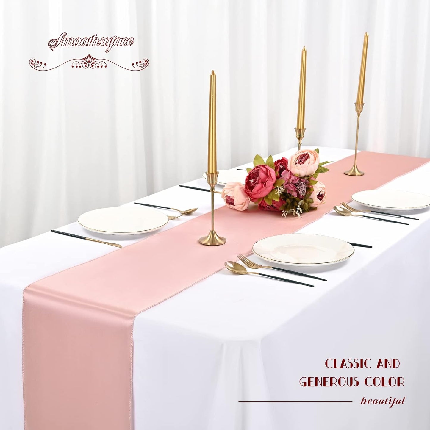 12 Pack Rose Gold Satin Table Runner,12 x 108 inch Long Premium Smooth Table Runner for Wedding, Banquets, Birthday, Party, Graduation, Engagements,Table Runners fit Rectangle and Round Table