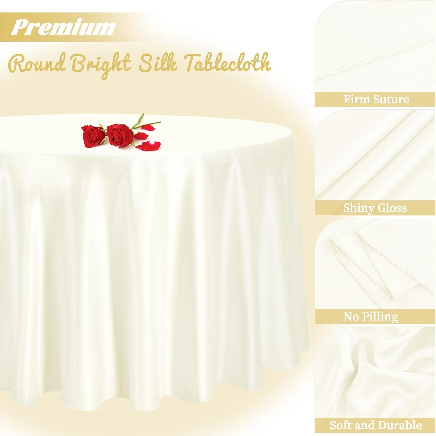 fani 12 Pack 108 Inch Ivory Satin Tablecloth - Premium Bright Silky Round Tablecloth Overlay Smooth Fabric Table Cover, Table Decoration for Wedding Party Banquet Events Restaurant Kitchen Dining