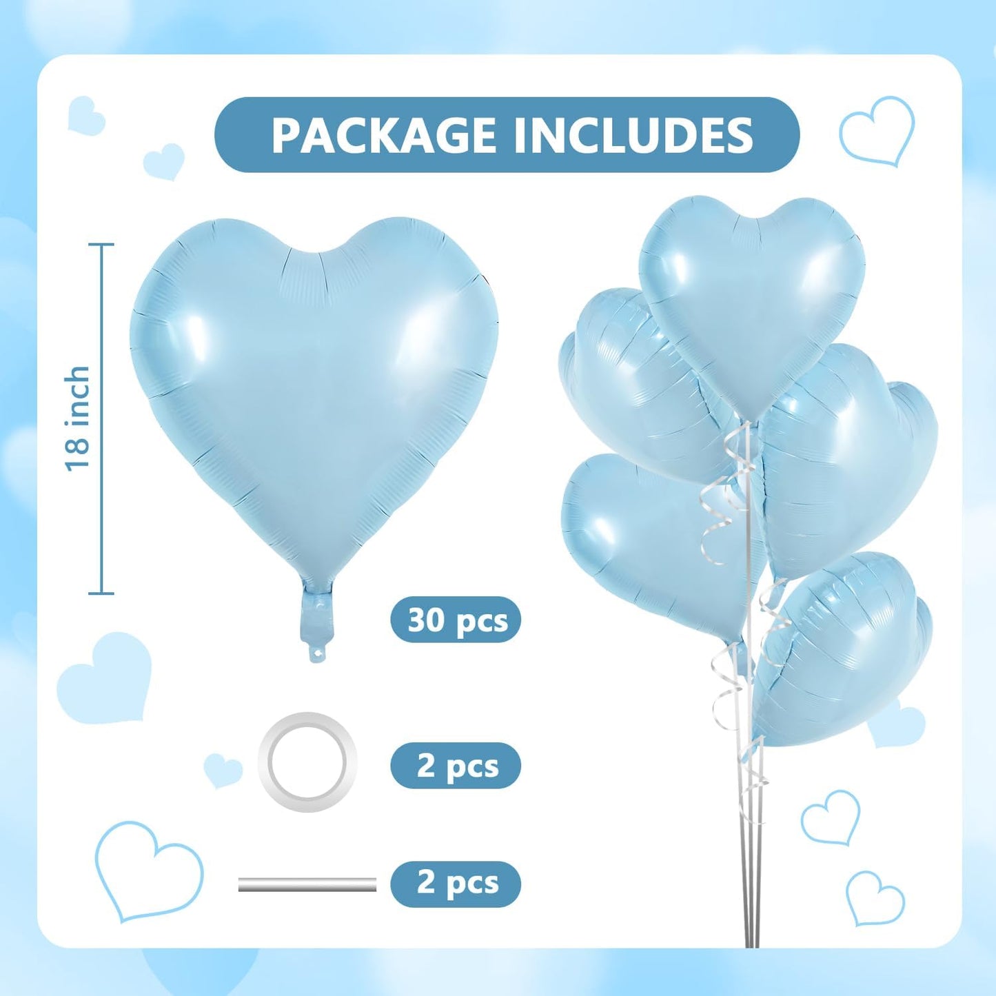 TONIFUL 30Pcs 18 Inch Baby Blue Heart Balloons Pastel Blue Heart Shape Foil Mylar Balloons Decoration for Birthday Valentine's Day Wedding Bridal Shower Anniversary Engagement Party Supplies