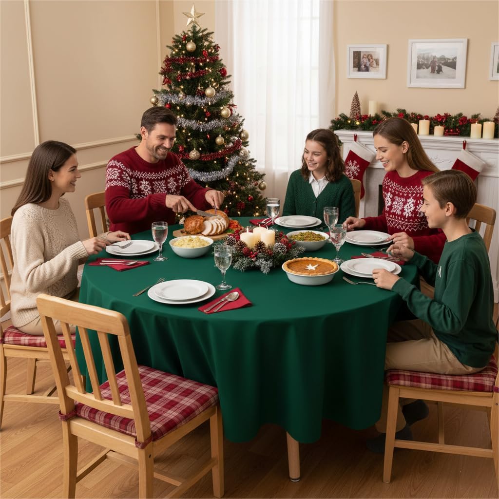 sancua Round Tablecloth - 90 Inch - Water Resistant Spill Proof Washable Polyester Table Cloth Decorative Fabric Table Cover for Dining Tables, Buffet Parties and Camping, Hunter Green