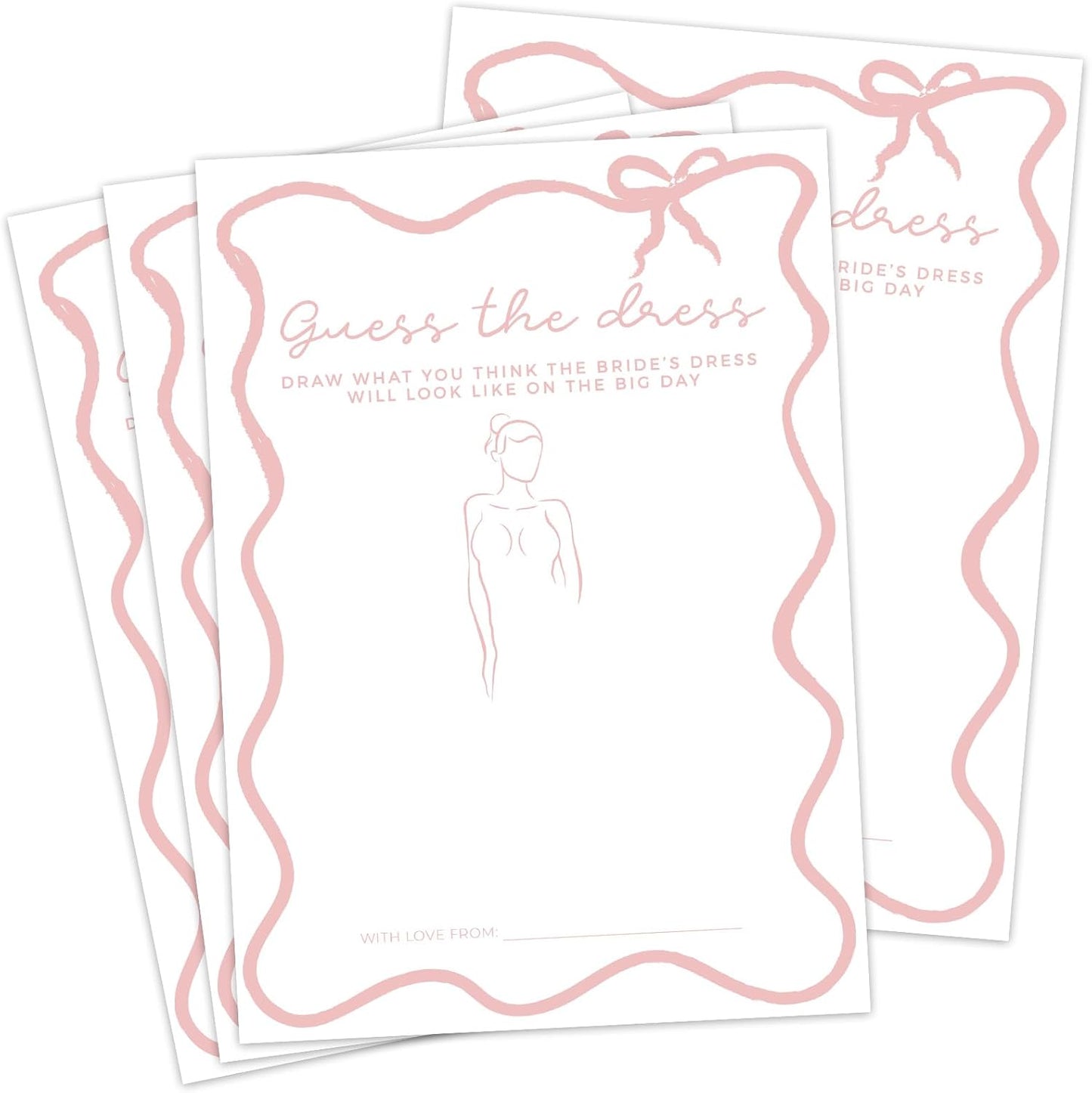 DEEKA 30 PCS Bridal Shower Games Card for 30 Guests White Pink Wavy Border Ribbon Bow Funny Wedding Bachelorette Party Games for Reception (Guess The Dress)