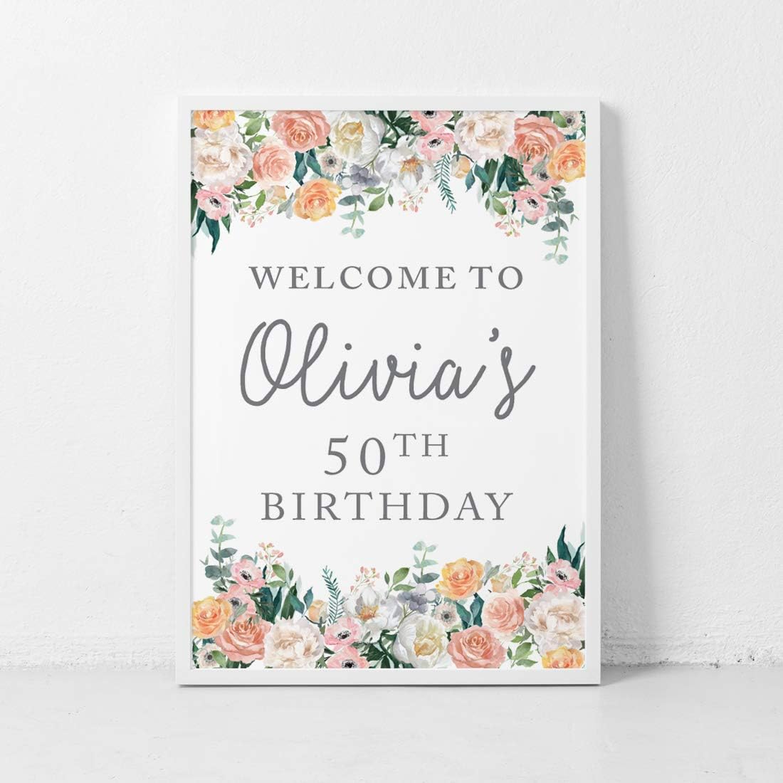 Andaz Press Personalized Extra Large Birthday Easel Board Party Sign, 12x18-inch, Peach Coral Floral Flowers Roses on White, Welcome to Olivia's 50th Birthday, 1-Pack, Custom Name Age