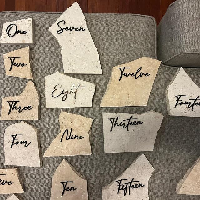 Cursive Wedding Table Number SET, DIY thin modern Black or White acrylic cutouts with silicone glue included. Words only, no backing (One - Five, Matte Black)