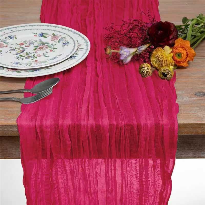 8 Pack Hot Pink 10 Ft Cheesecloth Table Runner 35x120 Inch Boho Wrinkled Sheer Romantic Gauze Decor for Wedding, Bridal Shower, Birthday Party