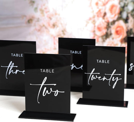 UNIQOOO Black Wedding Double Sided Table Numbers with Stands 1-20 set, 5x7'' Acrylic Signs with Holders and Printed Calligraphy, Seat Display Wedding Decor Perfect for Centerpiece, Reception