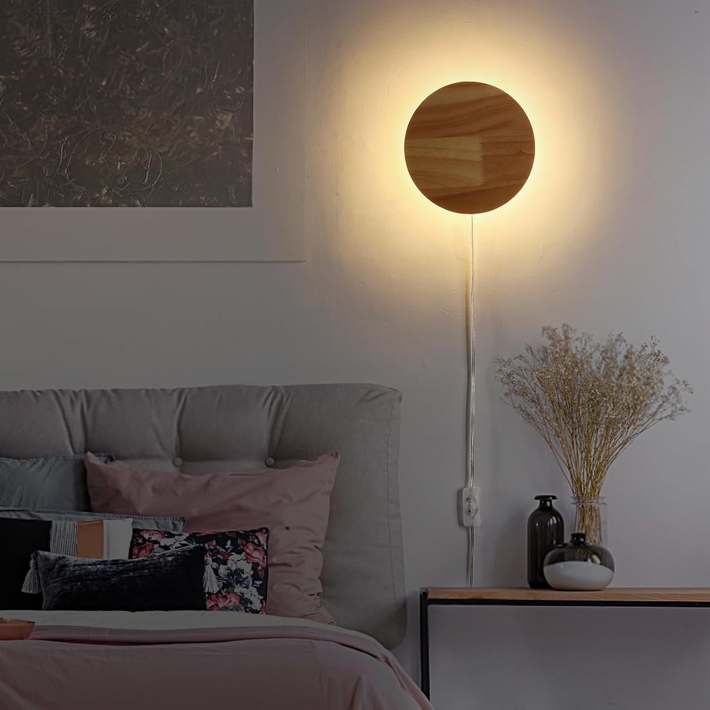 Modern Minimalist Plug in Wall Sconces, Plug-in Or Cordless 11.8'' Round Wood Backlight LED Wall Lamp, 25W, 2500LM Warm White Brightness Wall Light Fixtures for Bedroom, Living Room Wall Décor