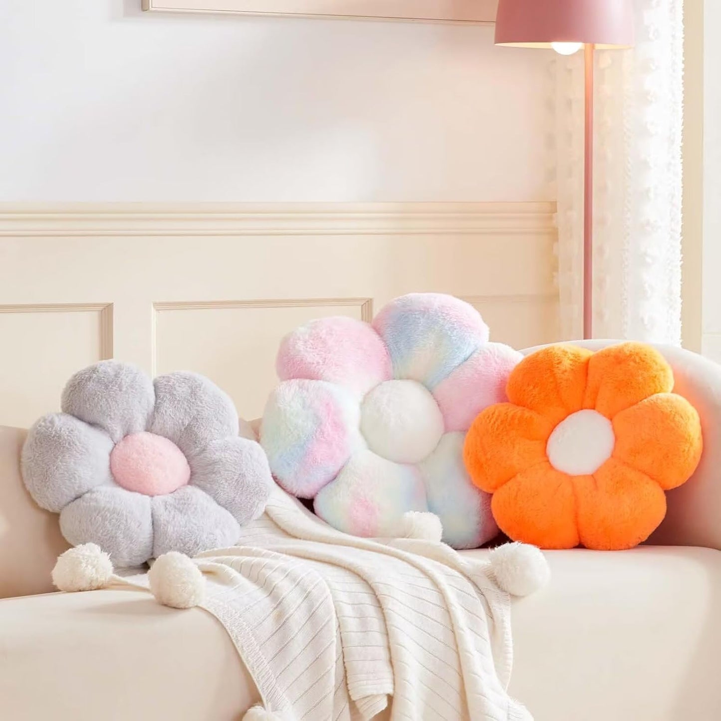 Cute Decorative Orange Flower Shaped Throw Pillow with Faux Rabbit Fur, Soft Plush Pillow, 14.9" Room Decor for Bedroom Living Room