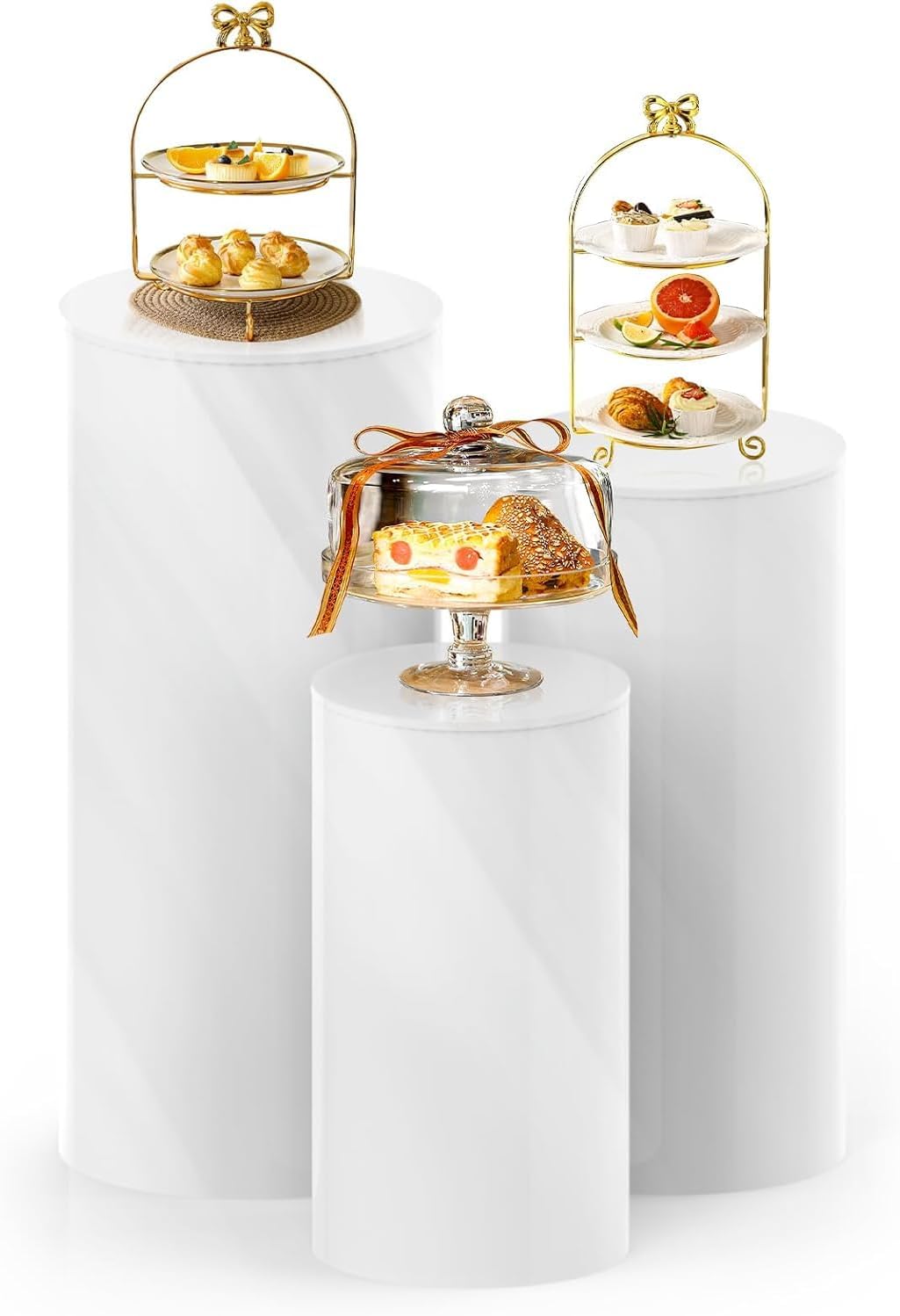 3PC Cylinder Pedestal for Party, Large White Cake Stand, Pedestal Display Plinth Pillars for Wedding Ceremony Birthday Party Art Decor--35.4''(L),29.5''(M),23.6''(S)