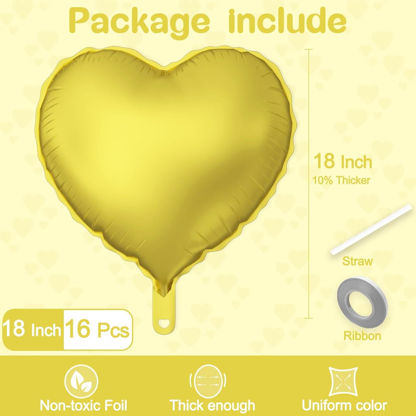 16 Pcs Heart Balloons, 18 Inch Gold Love Heart Shaped Foil Balloons for Wedding Anniversary Birthday Party Valentine Decorations Baby Shower Bridal Shower Engagement Decorations Supplies