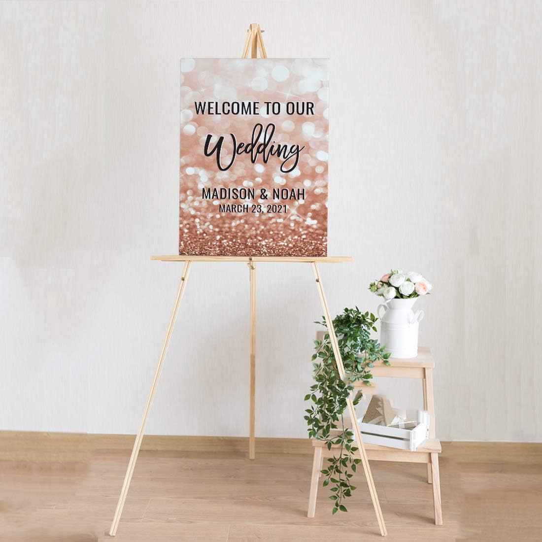 Andaz Press Personalized Extra Large Wedding Easel Board Party Sign, 12x18-inch, Glitzy Faux Rose Gold Glitter, Welcome to Our Wedding Bride Groom Name Date, 1-Pack, Custom