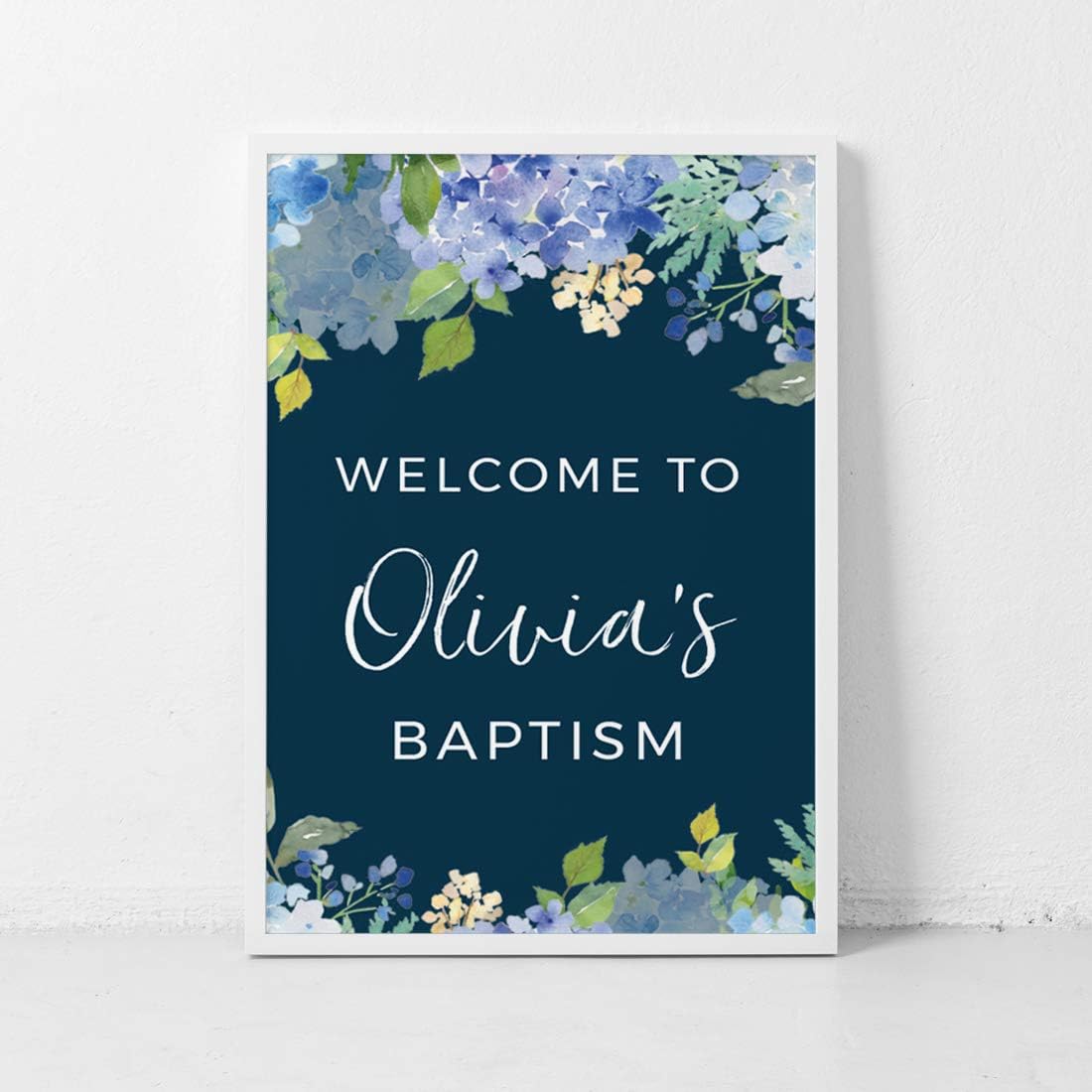 Andaz Press Personalized Extra Large Wedding Easel Board Party Sign, 12x18-inch, Baby Blue Hydrangea Floral Flowers on Navy Blue, Your Text Here, 1-Pack, Custom