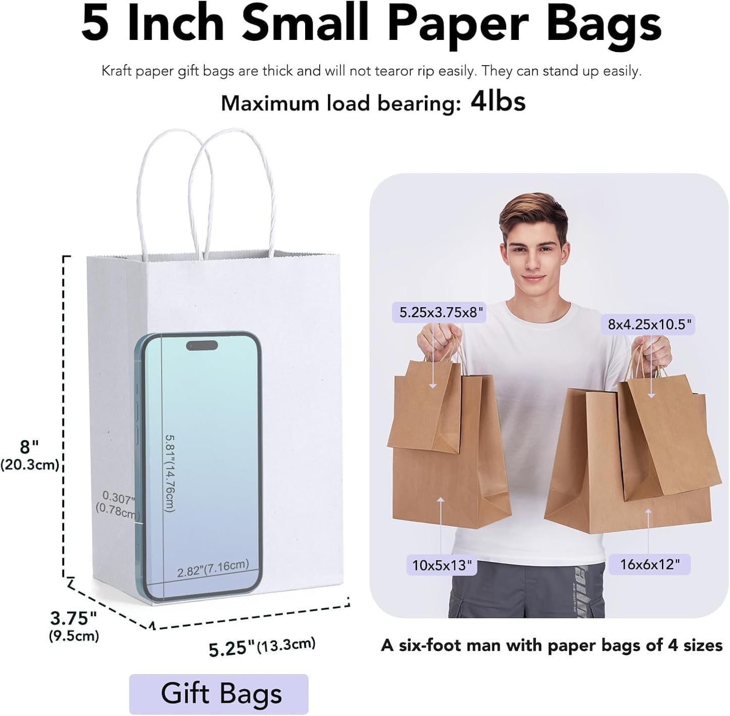 GSSUSA Brown Paper Bags 5.25x3.75x8 600Pcs, Gift Bags with Handles Bulk for Small Business