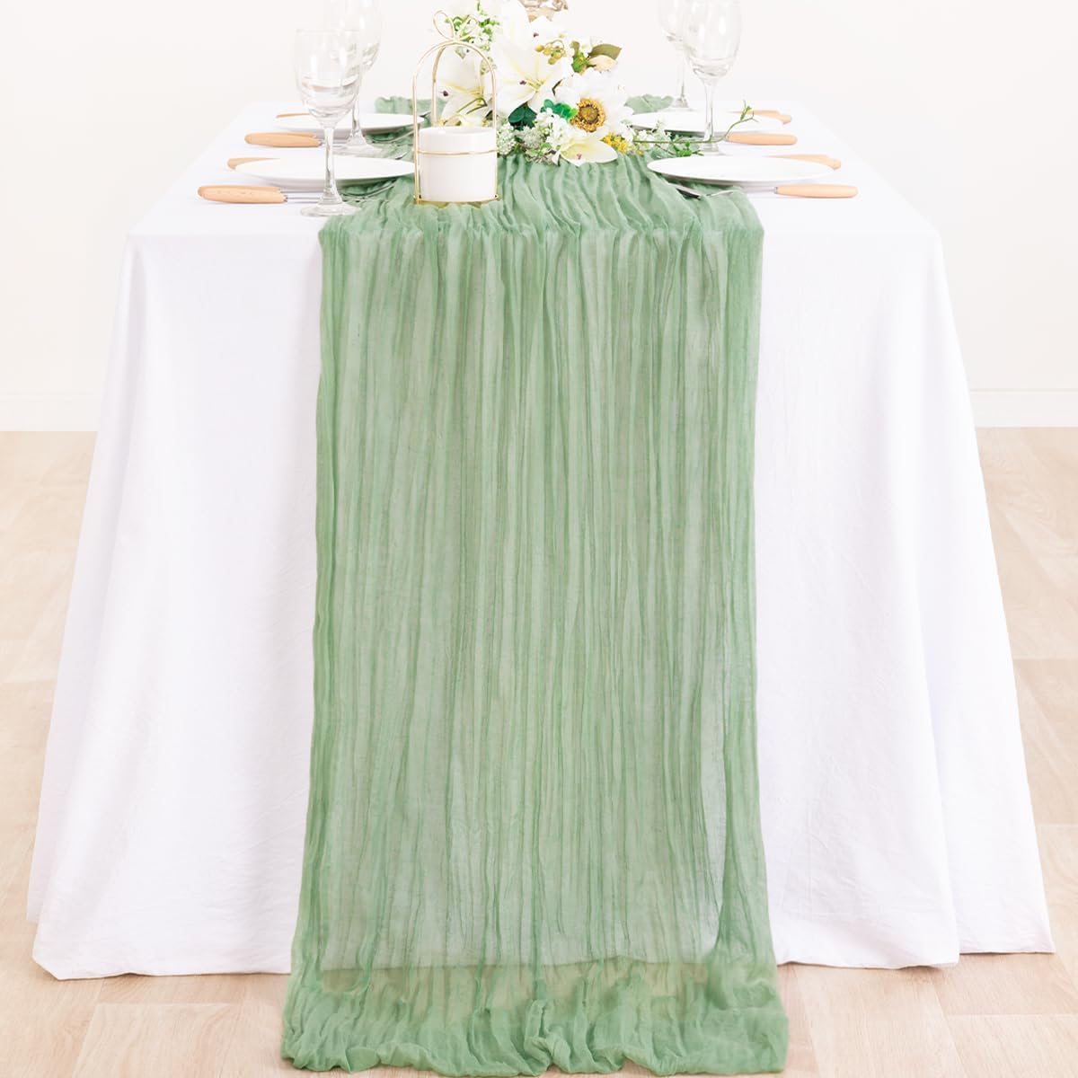 6Pcs Sage Green Cheesecloth Table Runner 120 Inch Green Cheesecloth Table Runner10FT Sage Table Runner Boho CheeseClothTable Runner forWedding Party Baby Shower Birthday Home Decor Holiday Decorations