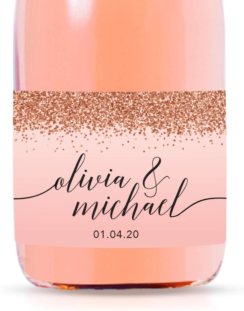 Andaz Press Personalized Mini Champagne Wine Bottle Labels, Blush Pink Faux Rose Gold Glitter Elegant, 20-Pack, Custom Wine Labels for Bottles Custom Champagne Labels Personalized Wine Labels