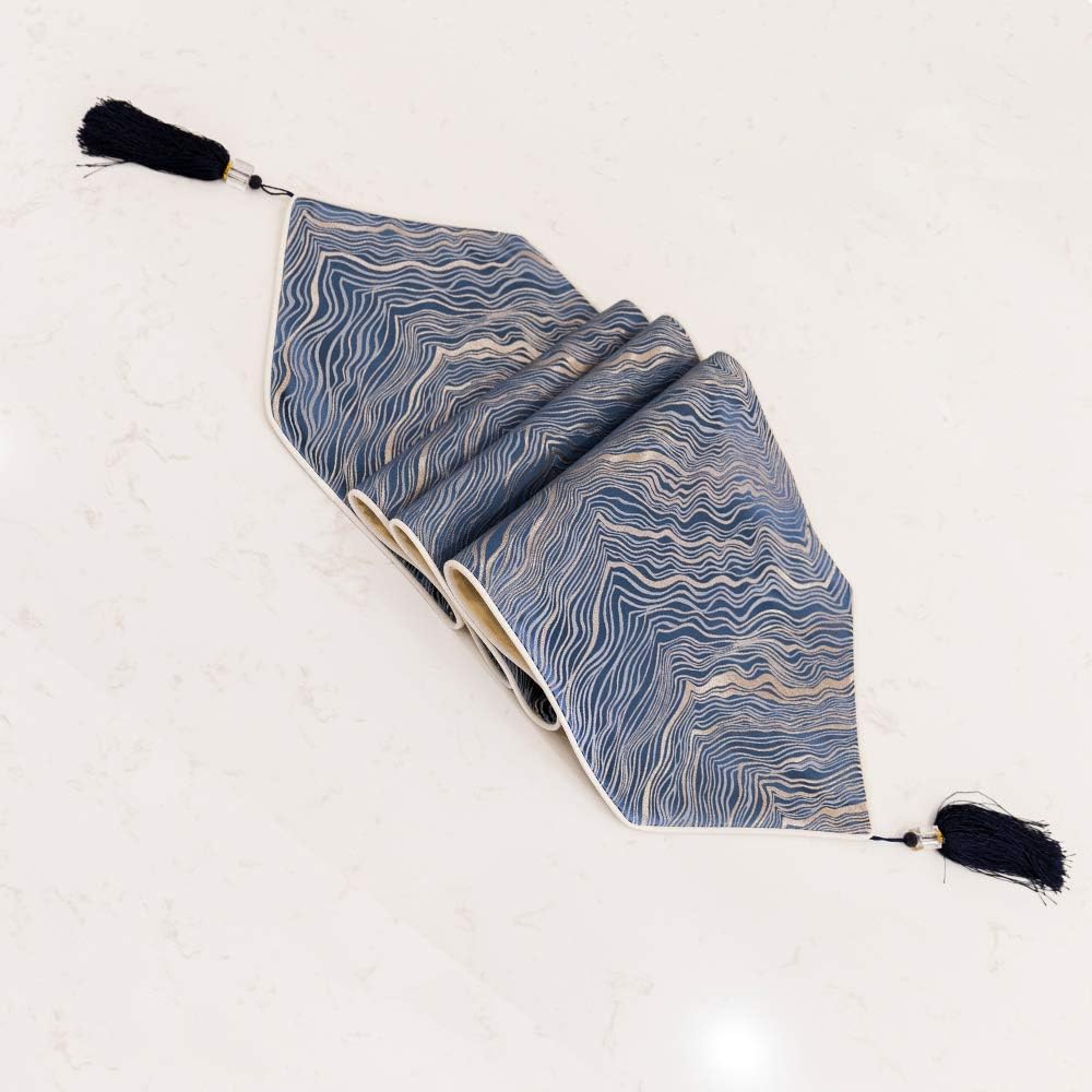 Avigers 12 x 59 Inch Decorative Luxury Abstract Striped Navy Blue Table Runners with Tassels for Home Living Room Bedroom Art Decor Wedding