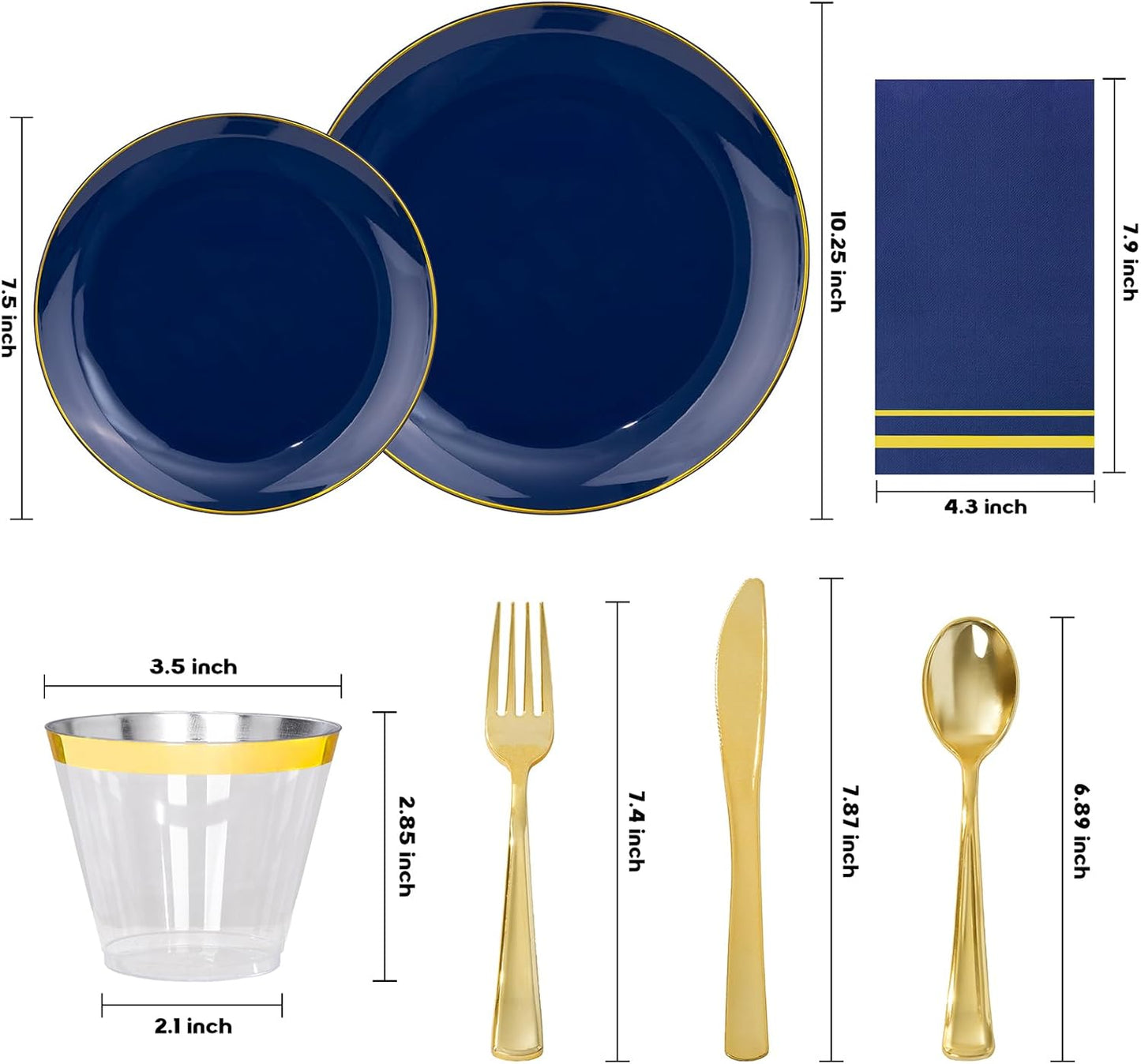 NOCCUR 350PCS Navy Blue Plastic Plates - Blue Disposable Dinnerware Set for 50 Guests, 100 Dinner/Dessert Plates, 150 Gold Silverware, 50 Cups&50 Napkins for Party/Wedding/Labor Day