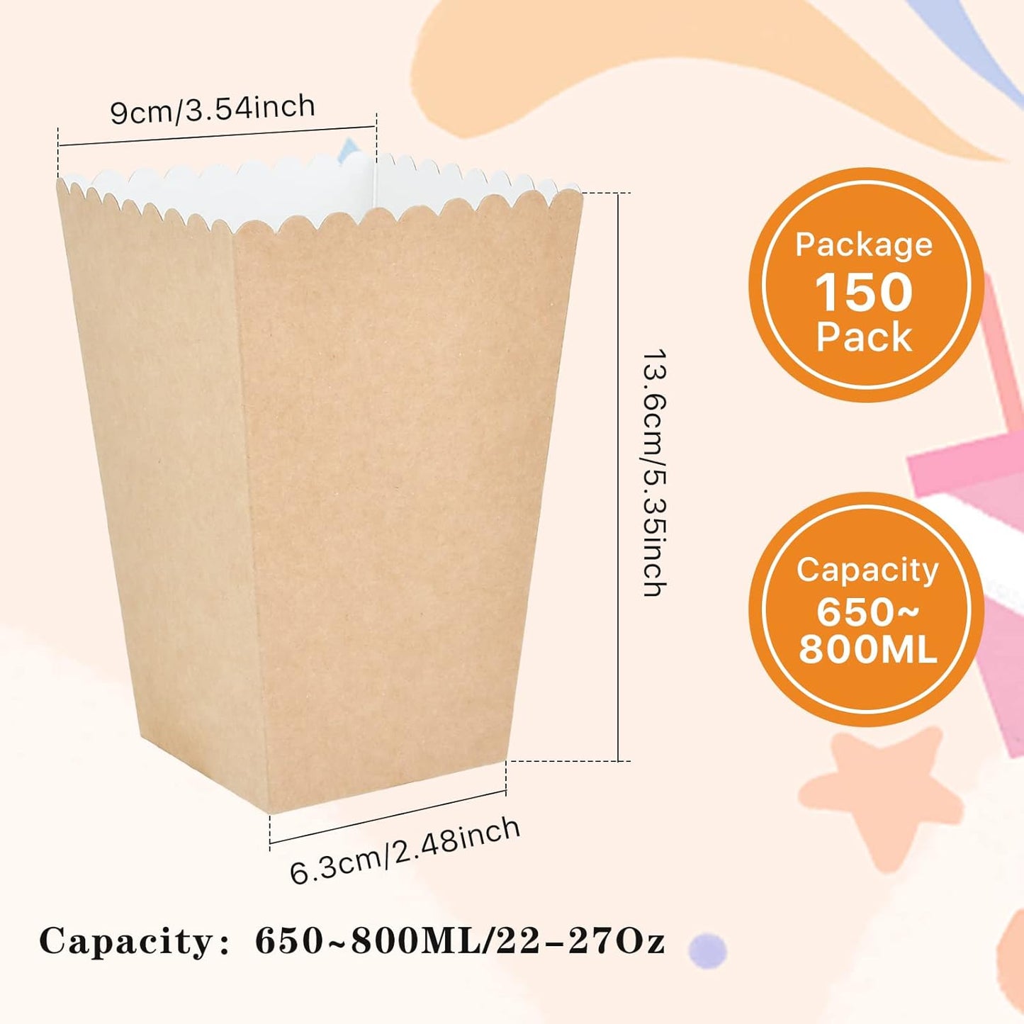 150 Pcs Popcorn Boxes, 22-27 Oz Mini Paper Popcorn Box, Oil-Proof Kraft Paper Popcorn Bags, Popcorn Container for Movie Theater Carnival Birthday Party Supplies(3.54 x2.48 x5.35 Inch)