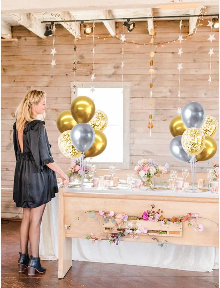 TONIFUL 4 Table Centerpiece Balloon Stand Kit Include Silver Gold Latex Confetti Balloons for 2025 Graduation,New Years 2025,Birthday,Retirement, Christmas, Anniversary Table Party Decoration
