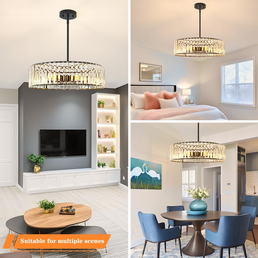 Modern Crystal Chandelier, 6-light Dinning Room Light Fixture, Round Pendant Light Kitchen Island, Black Hallway Light Fixture, Semi Flush Mount Ceiling for Living Room Entryway Bedroom Foyer, E26
