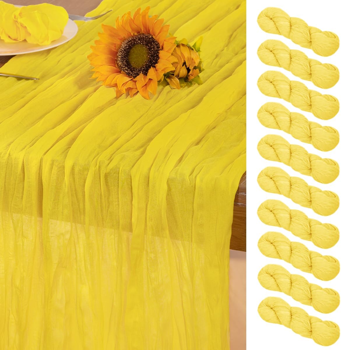 Lemon Yellow Cheesecloth Table Runner 10 Pack Fall Table Runners Boho Gauze 120 Inches Yellow Cheese Cloth Fall Table Decorations for Thanksgiving Wedding Bridal Baby Shower Parties Decor