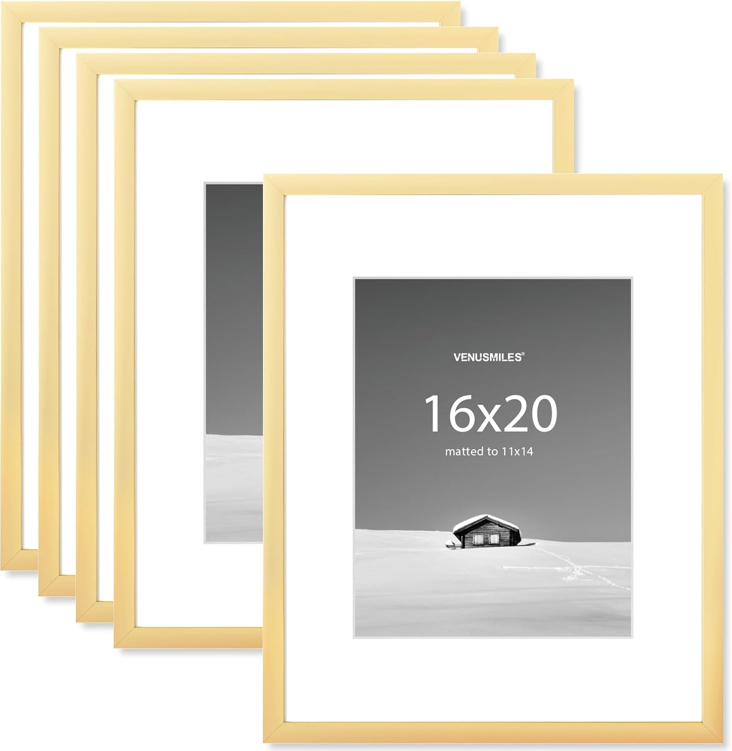 16x20 inch Picture Frame, 16x20 Photo Frames with 11x14 Removable Mat - High Definition Plexiglass - Vertical and Horizontal Display - Wall Hanging Frame - Gold, 5 Pack