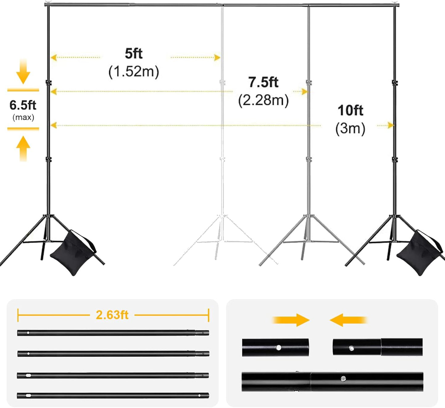 Backdrop Stand for Parties, 6.5x10ft Adjustable Background Support System for Events Decoration, Baby Shower, Photography with Spring Clamps, Backdrop Clip, Sandbag and Carrying Bag