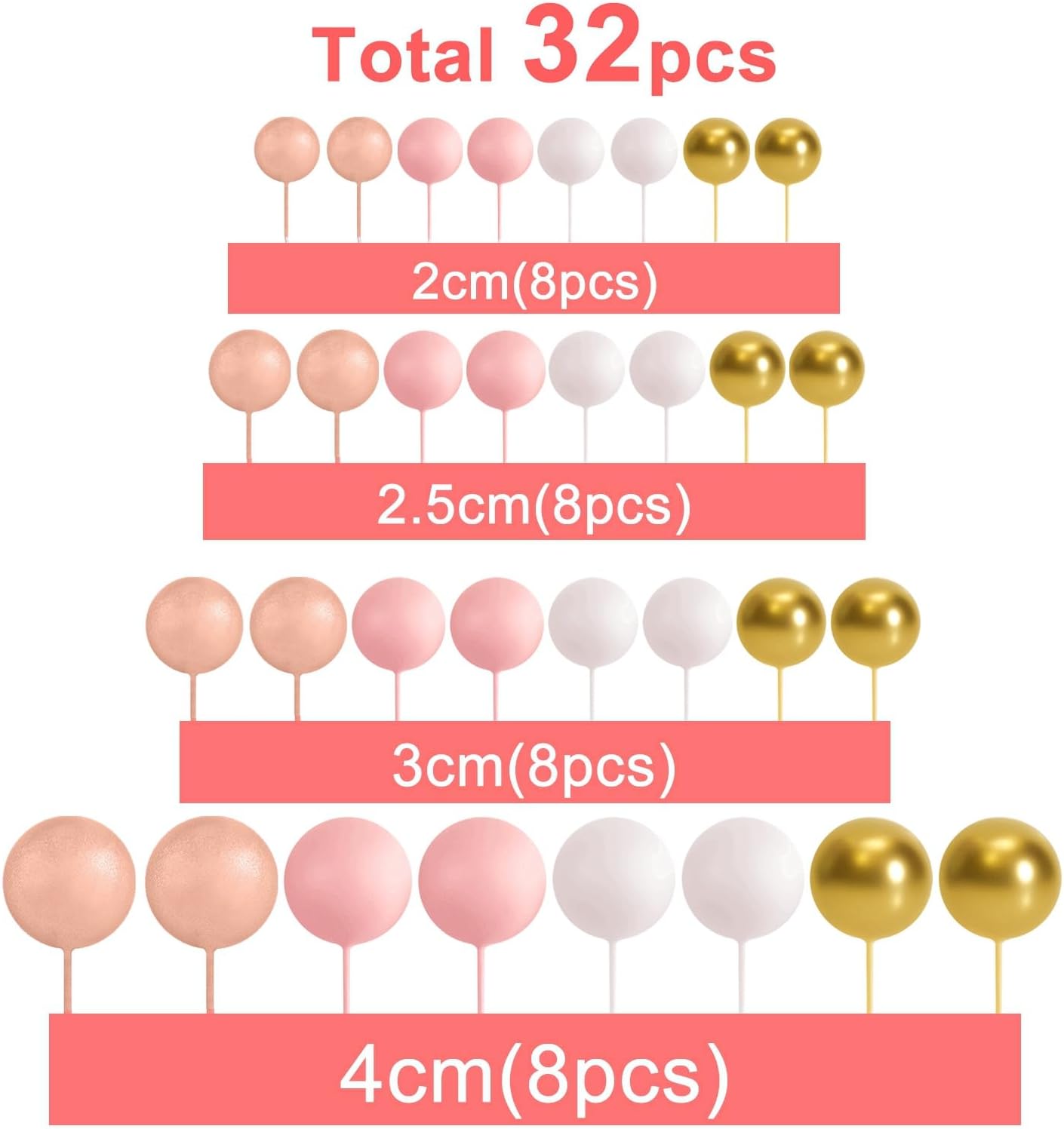 ASTARON 32 Pcs Ball Cake Topper Decorations Mini Balloons Cake Topper Sticks Foam Balls Cake Picks Cake Topper Balls Cake Decorations for Wedding Party Birthday Cake Decorations (Rose gold，Pink)