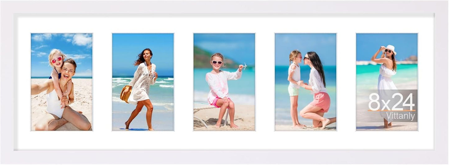 Vittanly 8x24 Collage Picture Frame, Displays 5Pcs 4x6 Pictures with Mat, Picture Frames Collage Wall Decor for Horizontal or Vertical Display, White, 1 Pack