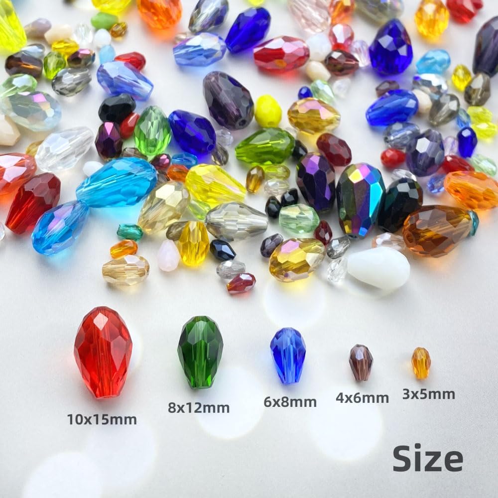 200pcs 4x6mm Teardrop Crystal Glass Beads Vertical Hole Faceted Loose Spacer Beads for DIY Craft Jewelry Making Necklace Bracelet Earring Wind Chimes(White Series)