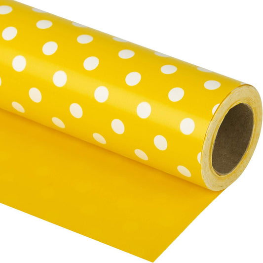 WRAPAHOLIC Reversible Wrapping Paper - Mini Roll - 17 Inch X 33 Feet - Yellow and Polka Dot Design for Birthday, Holiday, Wedding, Baby Shower