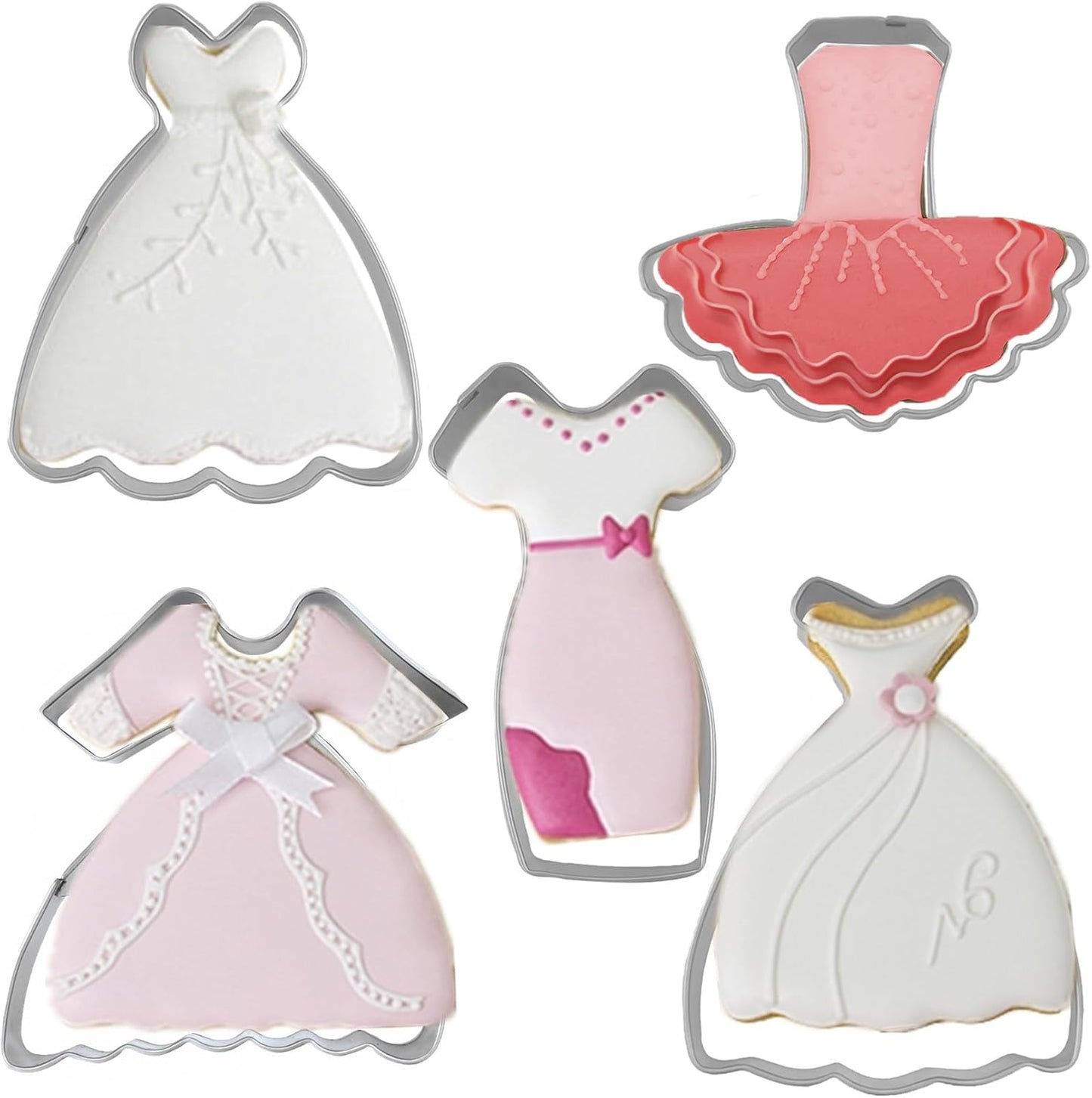 Dress Shaped Cookie Cutters Set of 5 pcs, Stainless Steel Wedding Princess Dress Fondant Cutter Molds Baking DIY