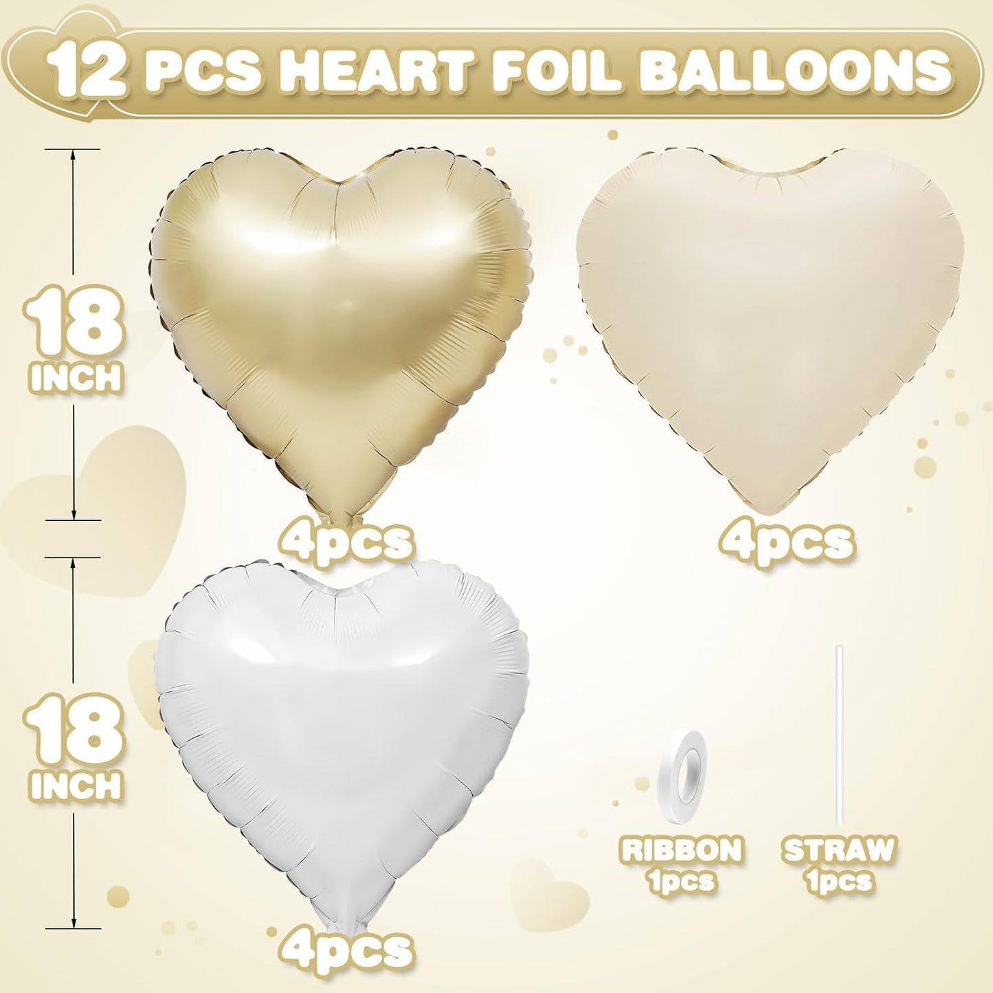 Cream White Heart Balloons,12Pcs Sand White Gold Heart Shaped Foil Balloons,18Inch Beige Helium Polyester Film Balloon for Boho Baby Shower Birthday Bridal Shower Wedding Party Decorations